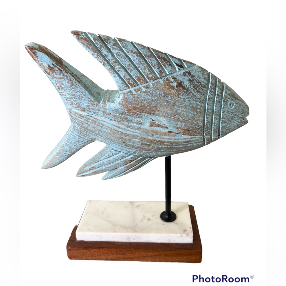 Rustic vintage wood metal fish figurine on marble stand, bought from HOME GOODS